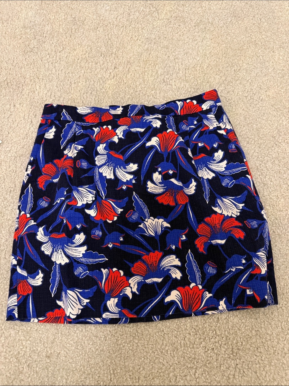 J. Crew Navy Mini Skirt with Red, White & Blue Floral Print